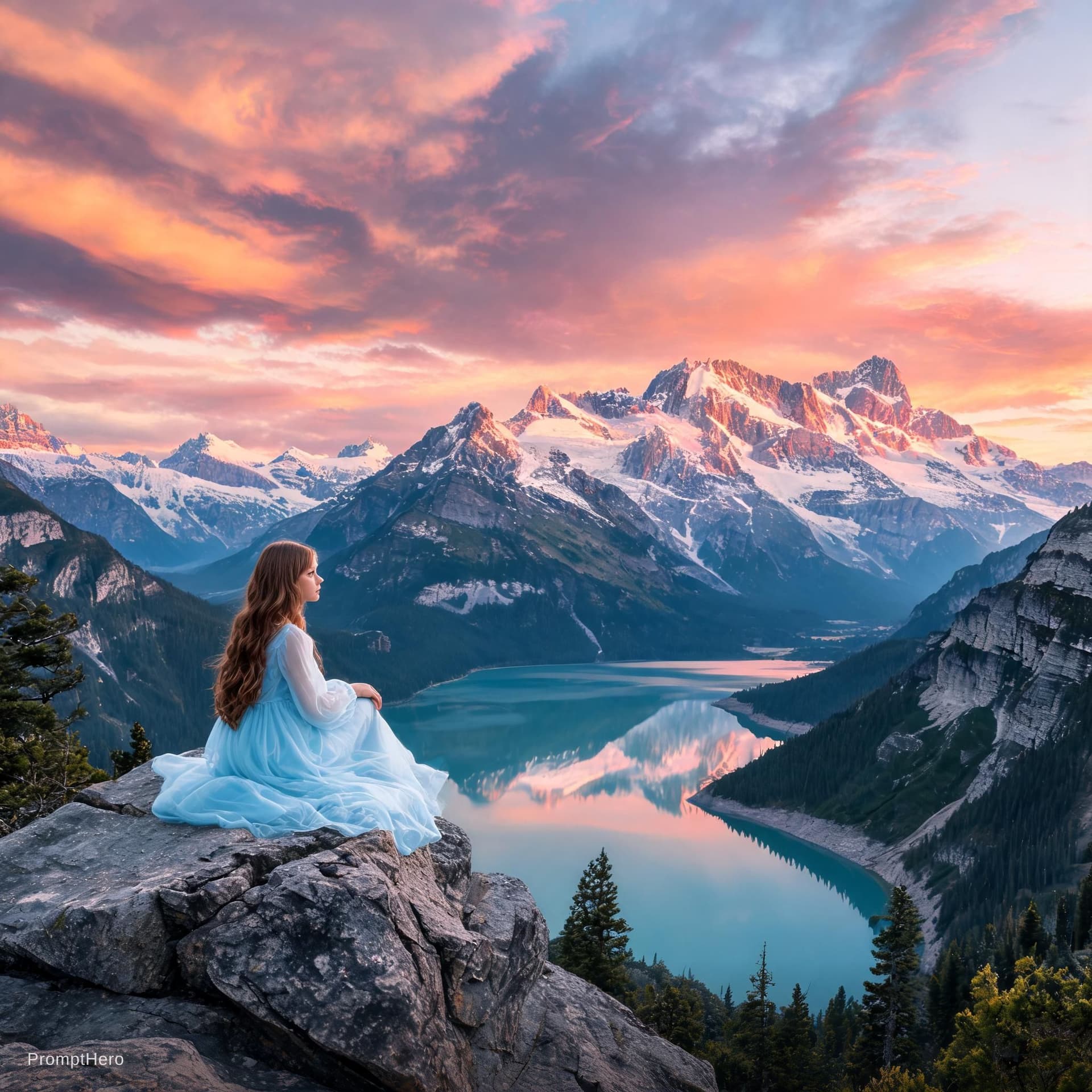 AI generated: the girl is sitting on a rock, impressive landscape