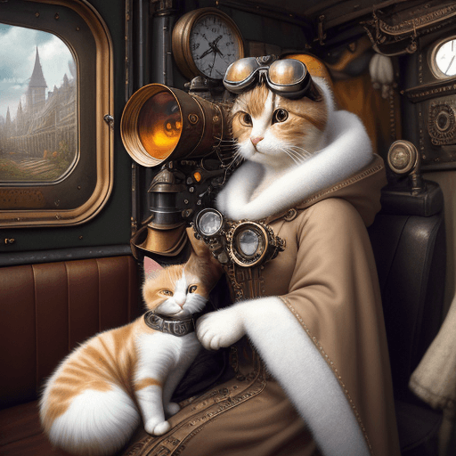 AI generated: Epic hyperrealistic photo of a fluffy white and brown calico cat wearing a cloak and goggles, holdin...