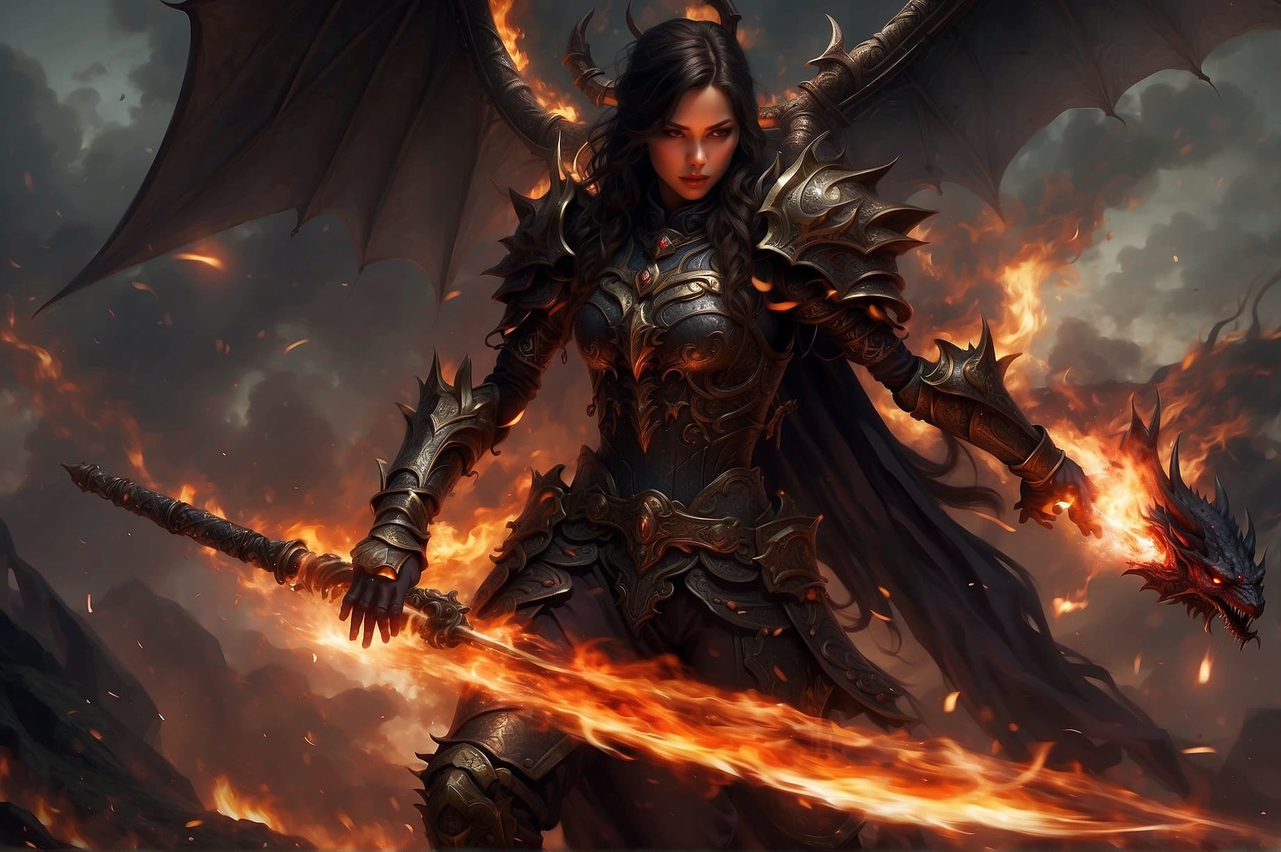 AI generated: Realistic women with black scary armor, Holding fire Sword, human face, long hair, perfectly detaile...