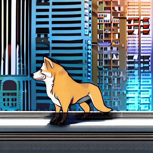 AI generated: A man with dark hair, stubble, in a suit and tie, next to him is his Shiba Inu dog, in profile, cybe...