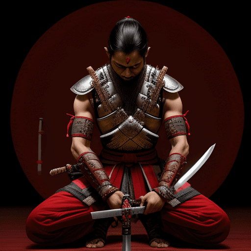 AI generated: An indian man praying with a samurai sword between his hands. The sword hilt faces up and the blade ...