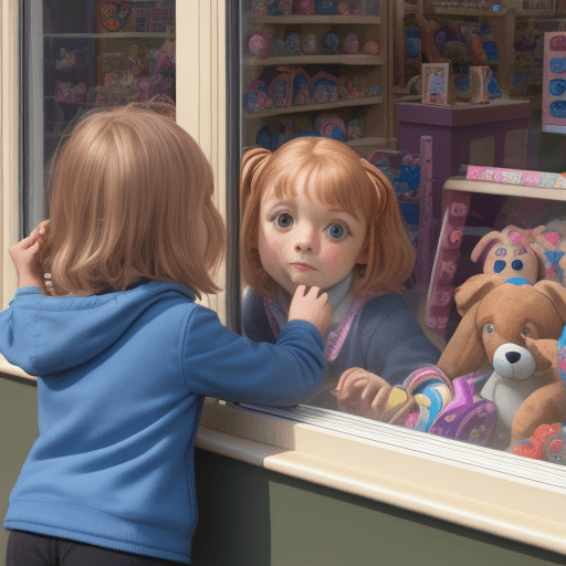 AI generated: Picture of Penny peering into the toy shop's window