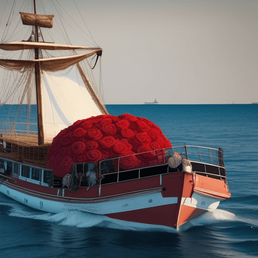 AI generated: Una rosa en un barco,
flotando en el infierno