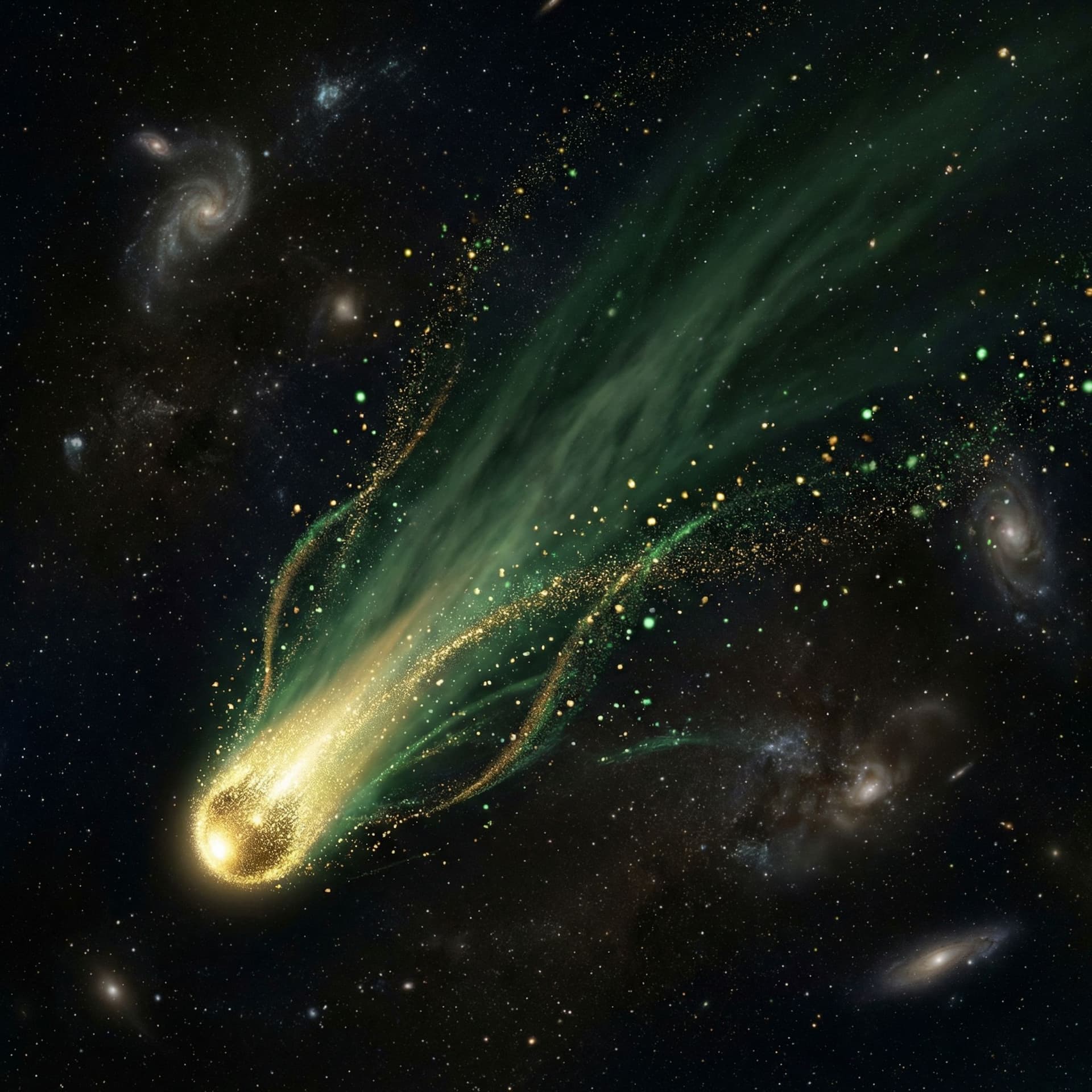 AI generated: a Gold comet with a long forest green tail with gold and green sparkles sprinkling off of it in the ...