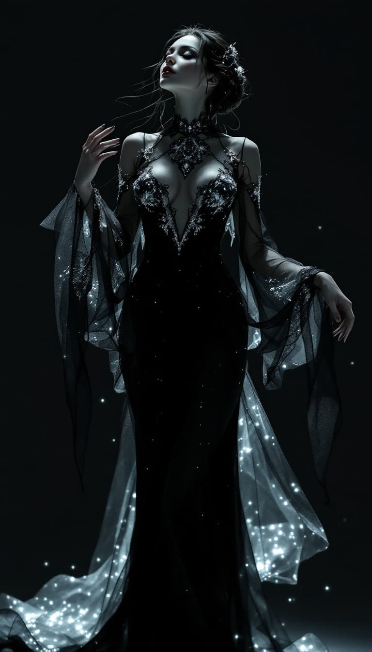 AI generated: An ultra-realistic, full-body portrait of a captivating shadow puppeteer woman, radiating ethereal g...