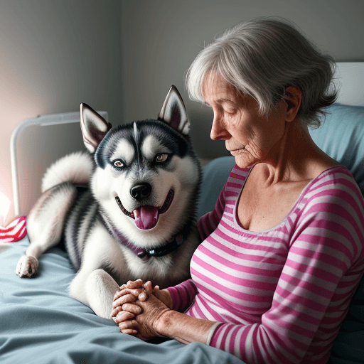 AI generated: older woman, wearing Jama top, waiting for last breath, with daughter, nearing bed side, holding han...