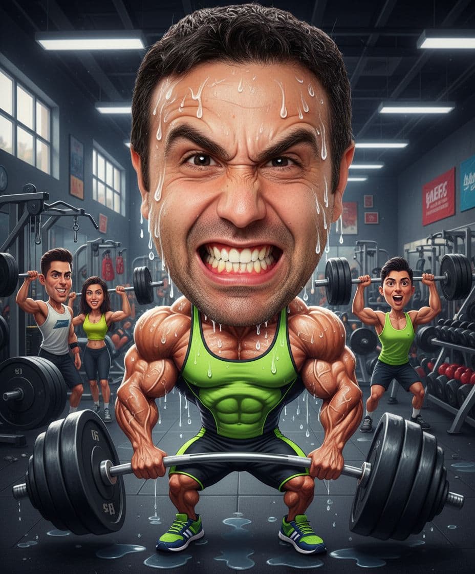 AI generated: Funny caricature, super fit caricature, man using face from photo I uploaded, very fit body, determi...