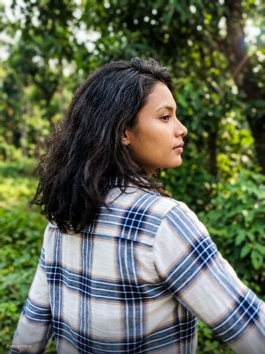 AI generated: women in the frame turns to her right showing her side profile to camera , camera focused on her mov...