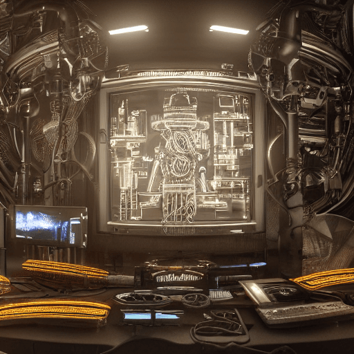 AI generated: complex portrait of a cyberpunk round computer, over a table, leds, black plastic, symmetrical, frac...