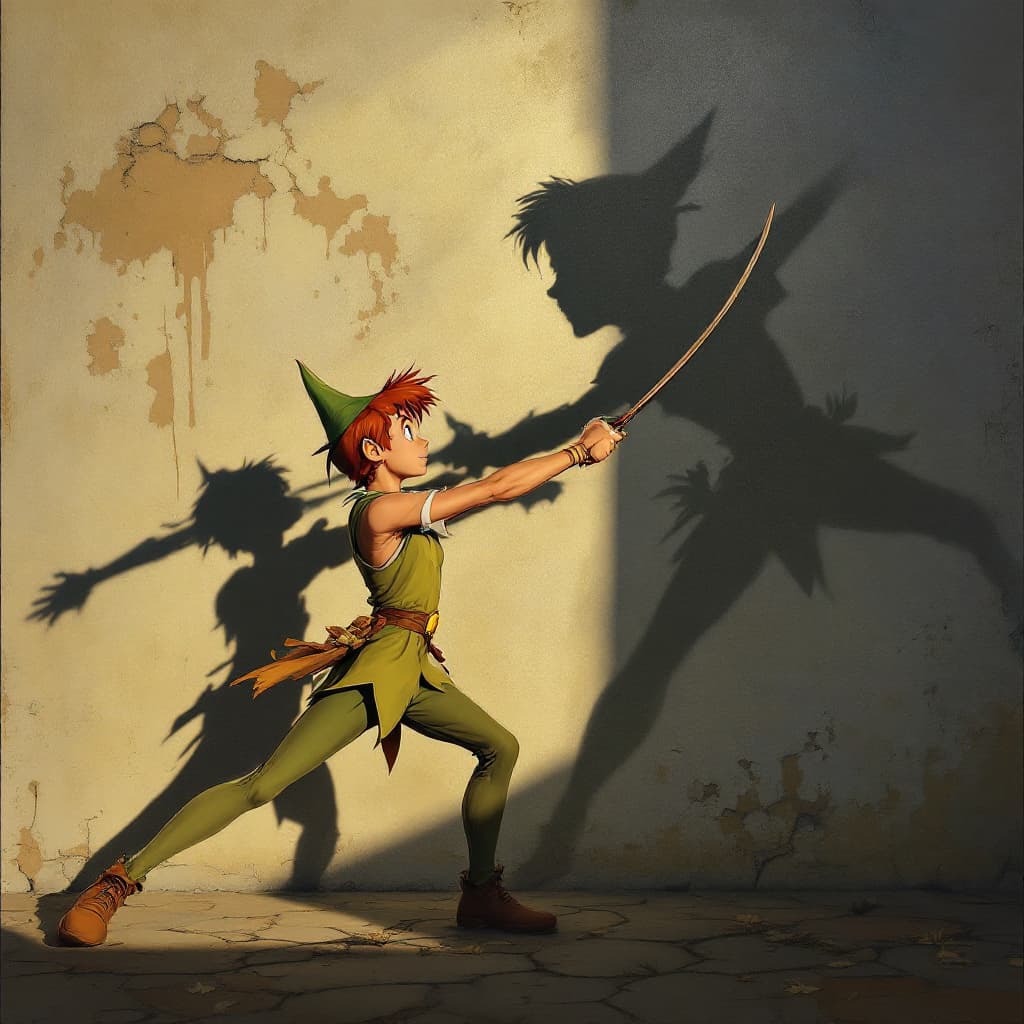 AI generated: realistic photo peter pan is fencing with his shadow against the wall
