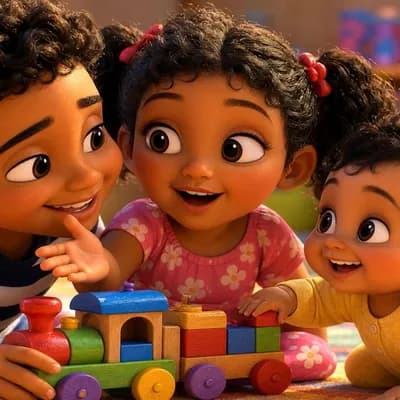 AI generated video: Wholesome Pixar-style 3D animation, three young Egyptian kids playing with a wooden train, warm ligh...