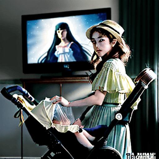 AI generated: A girl wakes up to find her little brother in the stroller watching TV  photography,  manga comic, a...
