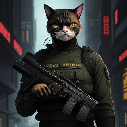 AI generated: In a lovely way, Grumpy, Angry cat in FBI commando uniform, Holding a gun, Infuse it with a captivat...