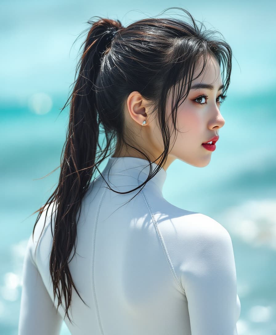 AI generated: High resolution image. A Korean woman in a white freediving suit that completely covers her body. He...