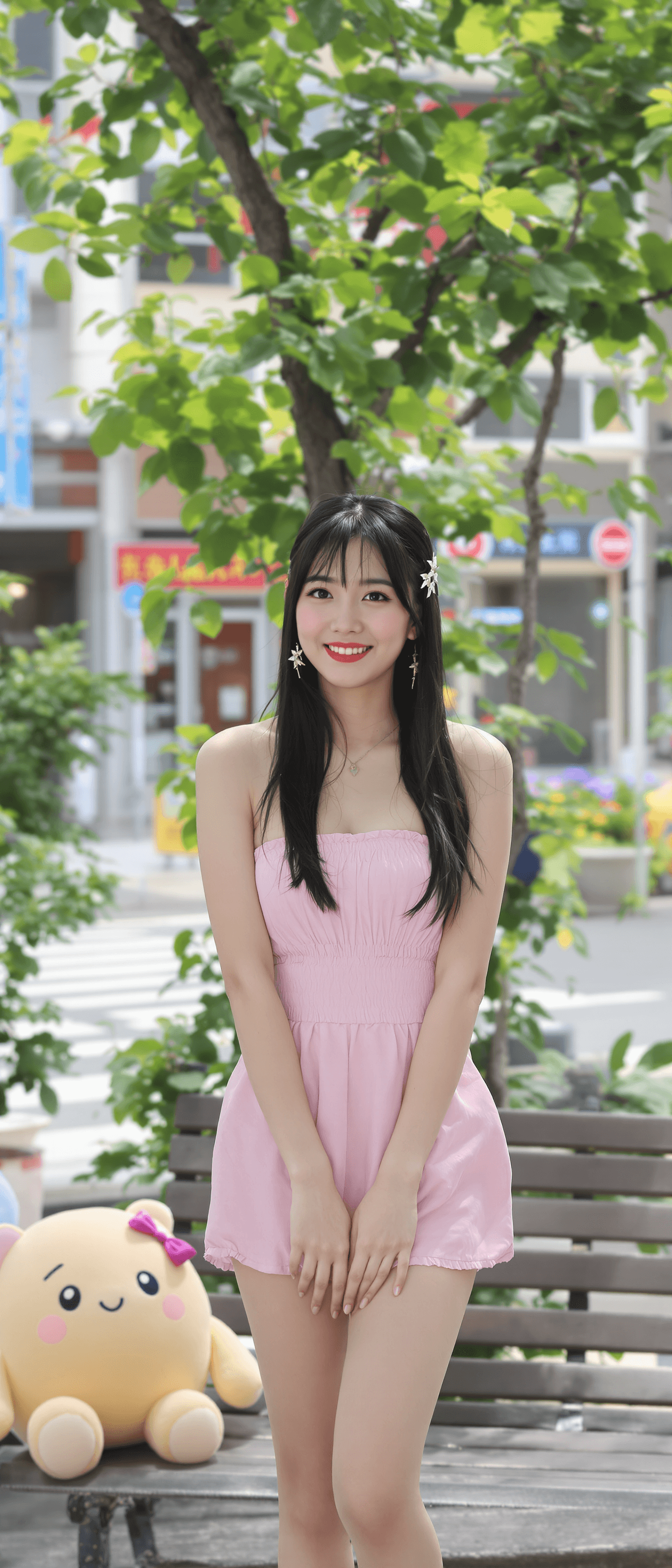 AI generated: a woman, indonesian woman, outdoors, city, tokyo, street view, building city, standing, black hair, ...