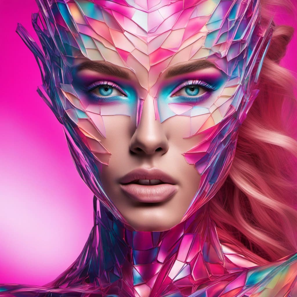 AI generated: Envision a real woman's face transformed with bionic ceramic elements in a kaleidoscope of glossy pi...