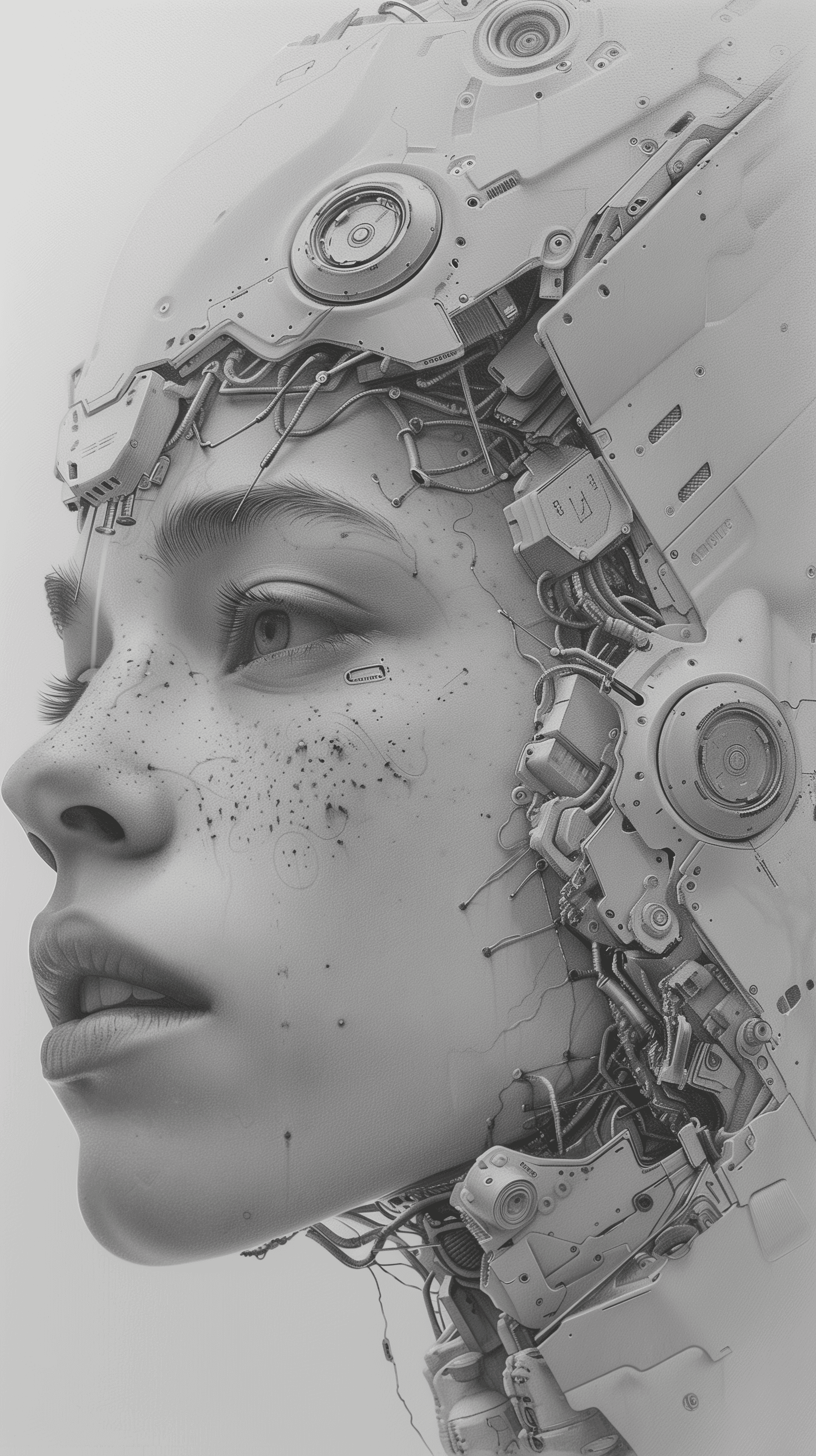 AI generated: artistic, pencil art, portrait, synthetic human with mechanic, complexity with details, empty eye, g...