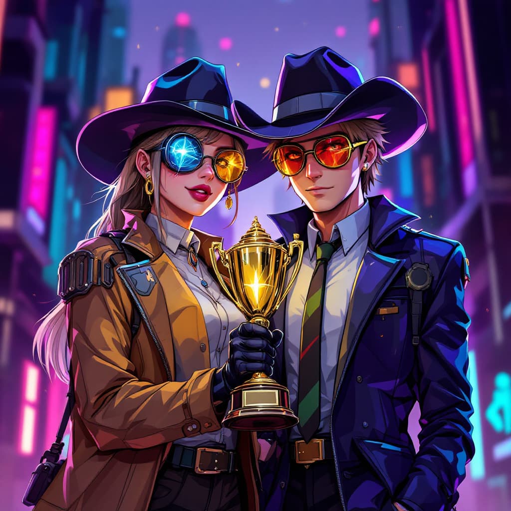 AI generated: Anime cyberpunk cowboys and girls holding an award in a cyber punk business