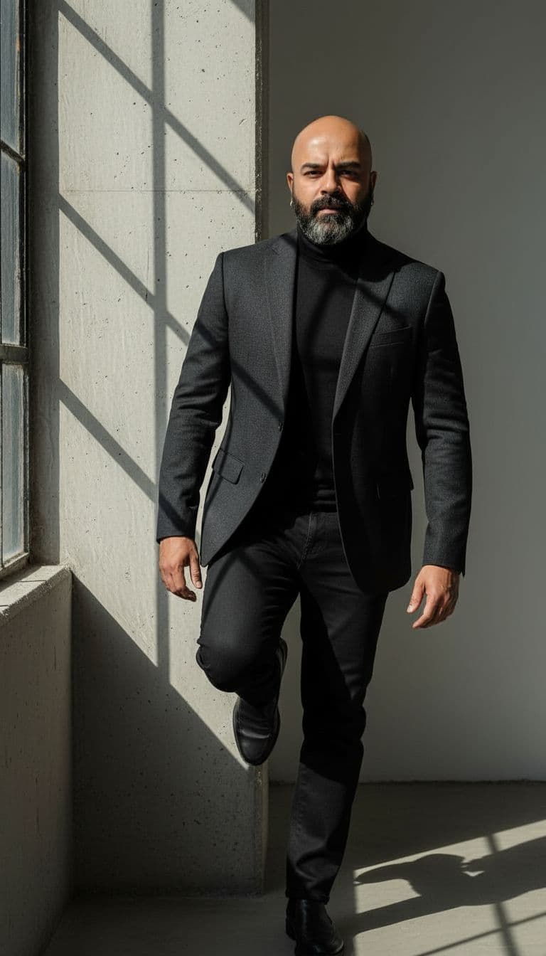AI generated: this as A man in a tailored black
blazer and turtleneck stands against a
concrete wall. One foot u...