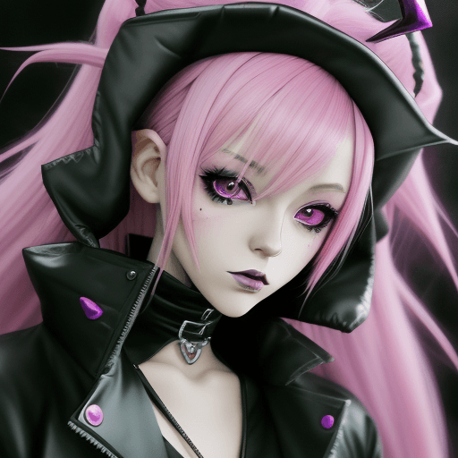 AI generated: a close up of a person with a pink hair and a purple jacket, demon anime girl, anime monster girl, d...