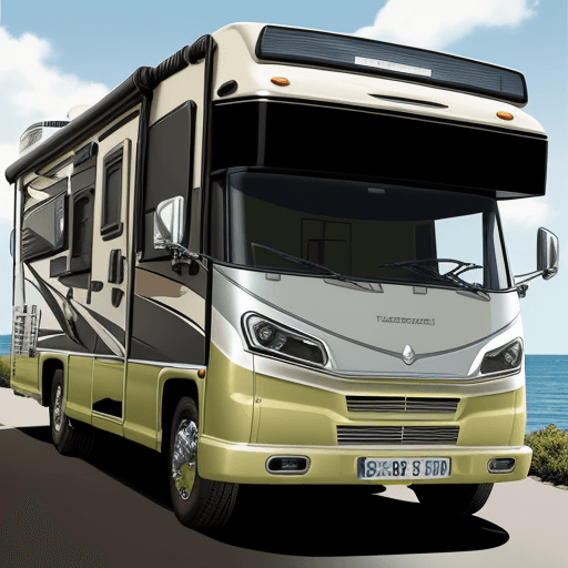 AI generated: Illustrate the modern Benimar Tesoro 463 motorhome with distinct cartoon features. The front of the ...