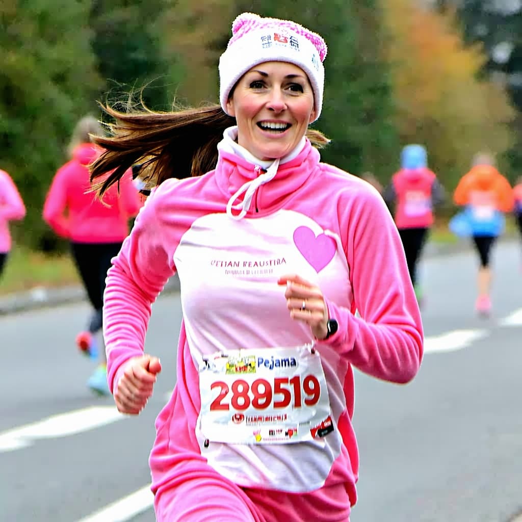 AI generated: a woman running a marathon with pejamas