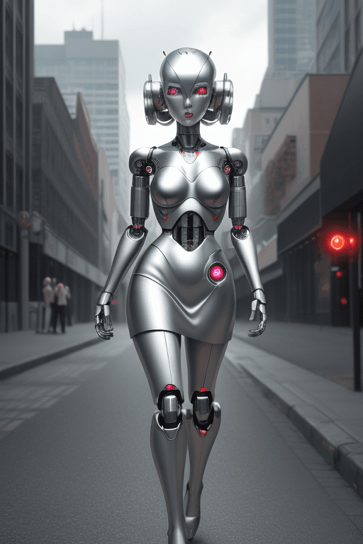 AI generated: atomic heart, robot, cyborg, android, faceless, shiny silver metal body, mini skirt, walking on the ...