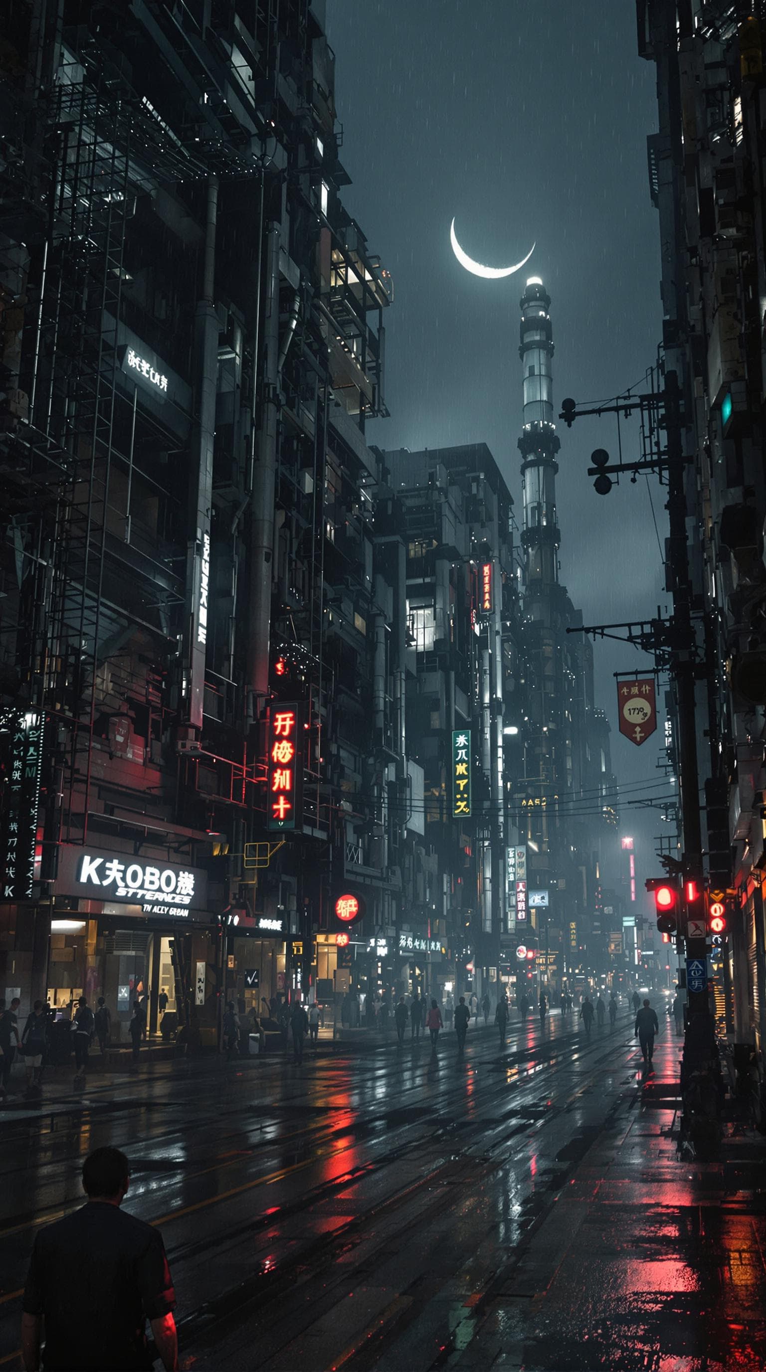 AI generated: Hyperrealistic, hellish, dystopian, decaying buildings, futuristic street scene, 
with a futuristic ...