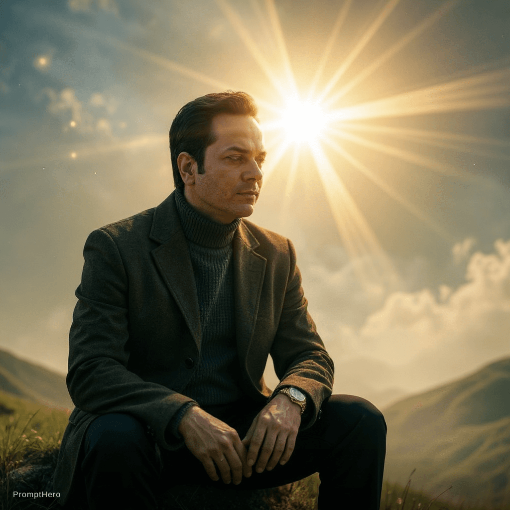 AI generated: A serene, ethereal scene where a man sits in a misty, glowing landscape. A radiant, formless light (...