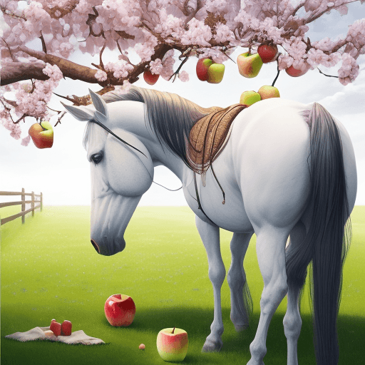 AI generated: a horse in a heaven eating one apple, below  in apple tree
