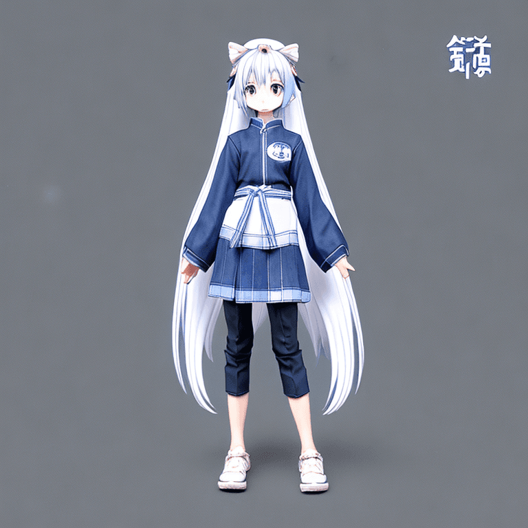 AI generated: anatomically correct, full body t-pose view of anime style wolf girl with dark Chambray blue and whi...