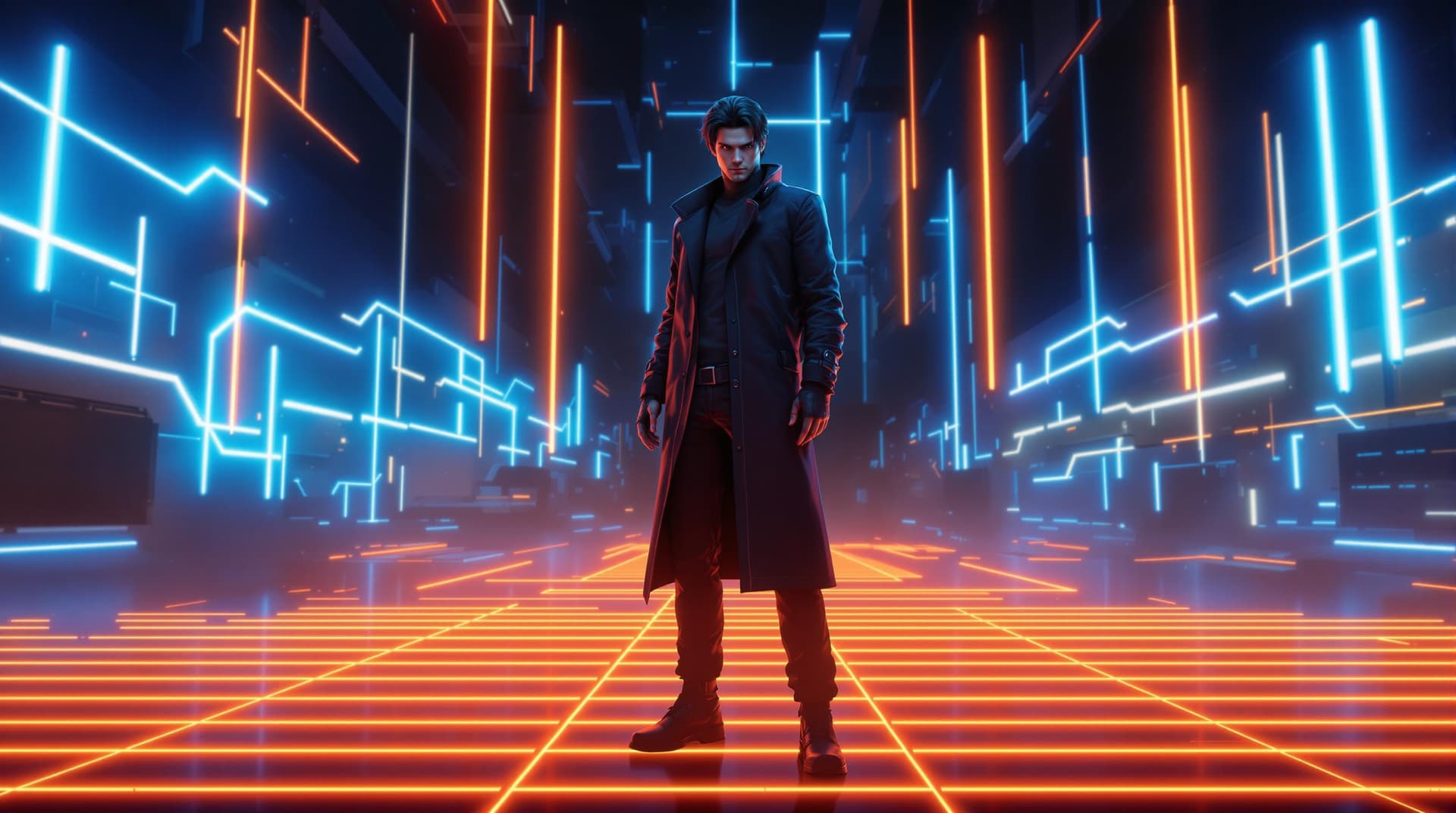 AI generated: Neo stands confidently on a glowing, neon grid, surrounded by vibrant blue and orange light trails. ...