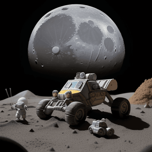 AI generated: A moon-exploration fantasy with miniature astronauts & moon-buggy-toy & other moon-base toys arrange...