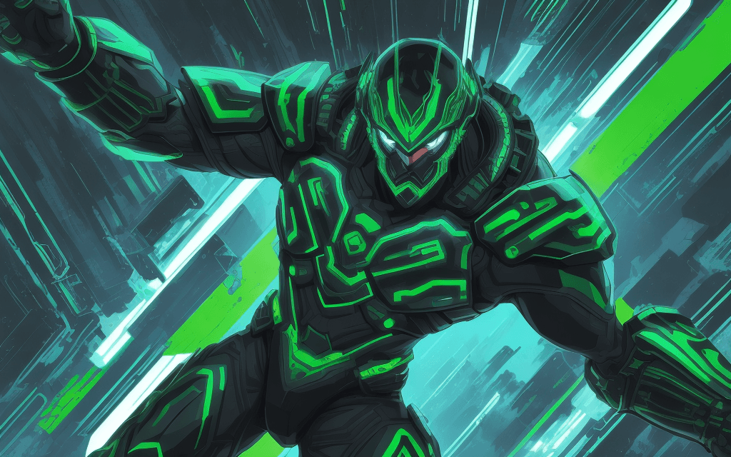 AI generated: brutal man warrior is falling into a hole, looking sky,  futuristic, metallic green armor, vector ae...