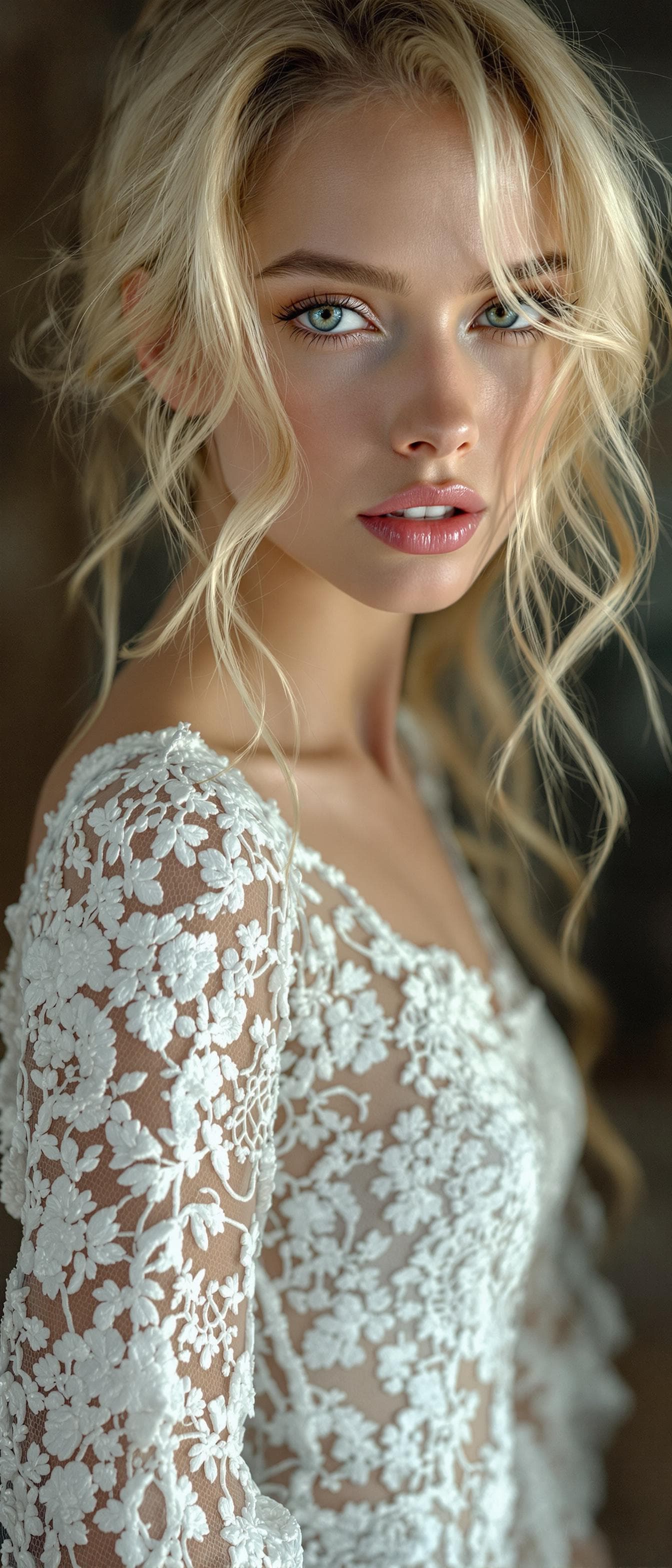 AI generated: "Dramatic fine art full vertical body image portrait. Gorgeous lithe supermodel, early 20's, fair sk...