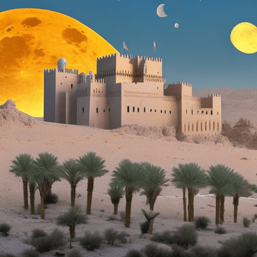 AI generated: A Muslim dynasty castle in the desert with the moon appearing in the sky 