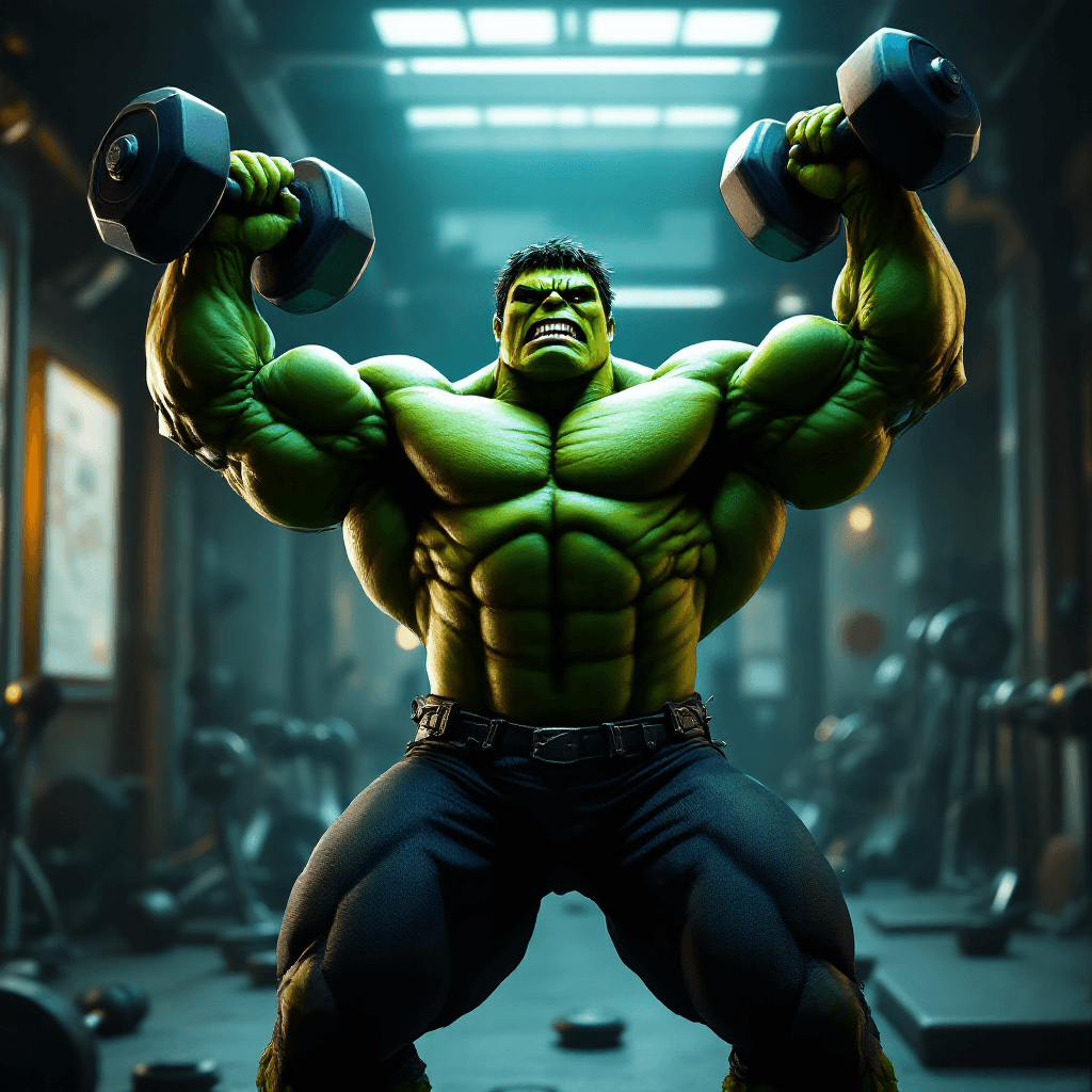 AI generated: Hulk swings his arms with dumbbells, 4K, ultra realistic