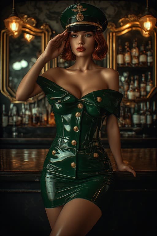 AI generated: A stunning redhead woman in a dark green latex military-style dress with gold buttons and a matching...