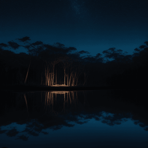 AI generated: In the moonlit embrace of a tranquil sandalwood forest, the night unveils a mesmerizing scene.  lake...