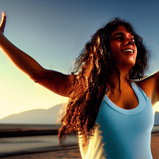 AI generated: A serene woman with curly, dark brown hair and golden undertones to her medium-brown skin stands upr...