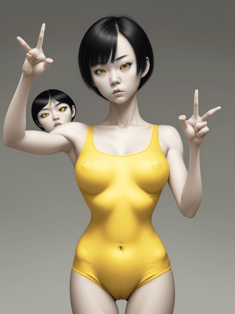AI generated: image of Korean girl, photo realistic, wearing tight yellow swimming wear, symmetric eyes, full body...