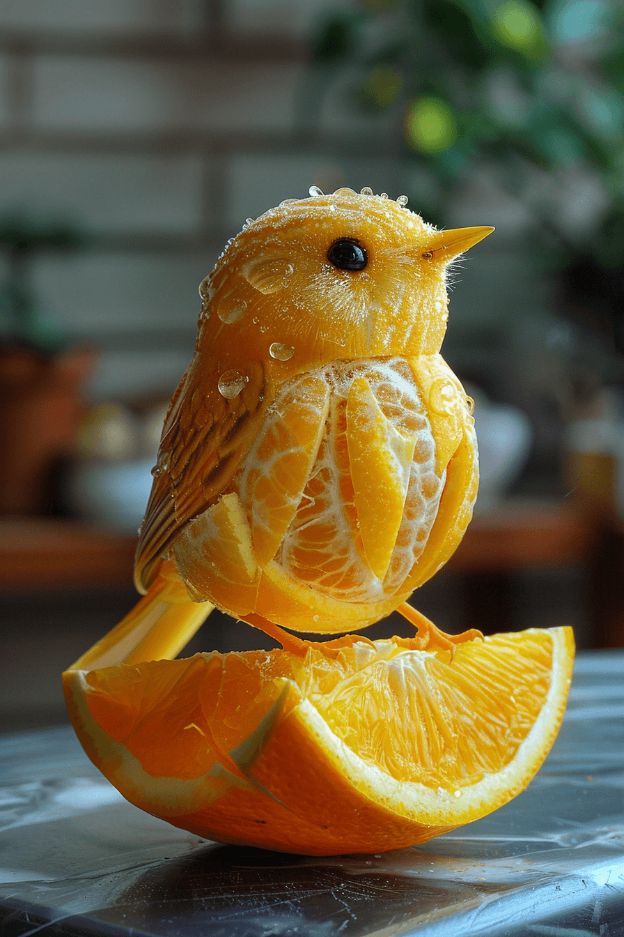AI generated: a little bird made of a fresh orange that has been cut open, photo-realistic techniques --ar 2:3 --s...