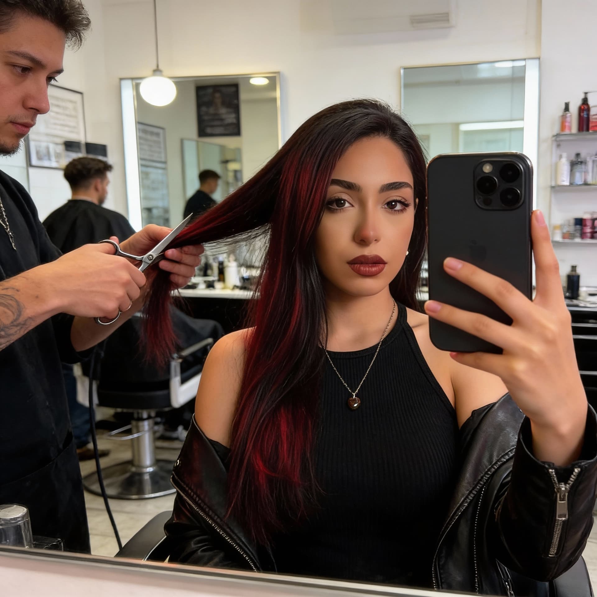 AI generated: a shot of her at the barber cutting her hair, shot taking as a mirror selfie from her iphone
