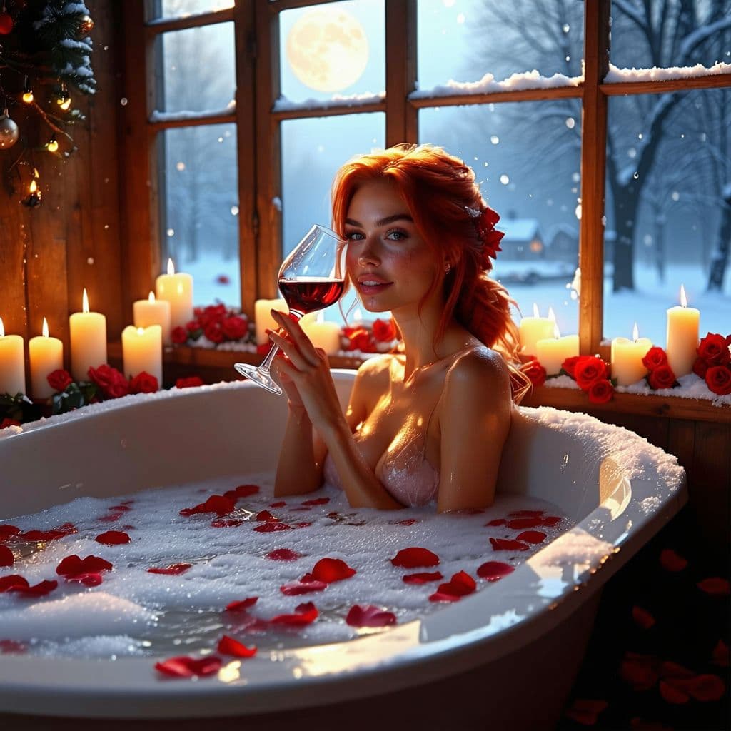 AI generated: Beautiful,mystique, Erotic bubble bath inside, candles, rose petals,luxurious Ambiente, big window i...