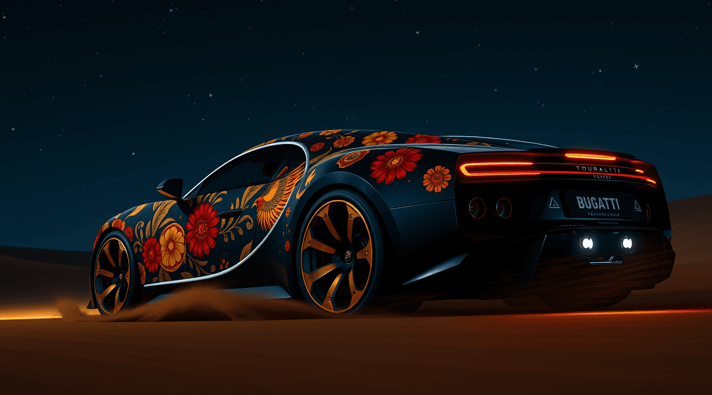 AI generated: Twitter post, action scene,  Bugatti Tourbillon, the car body is embossed with the iconic Khokhloma ...