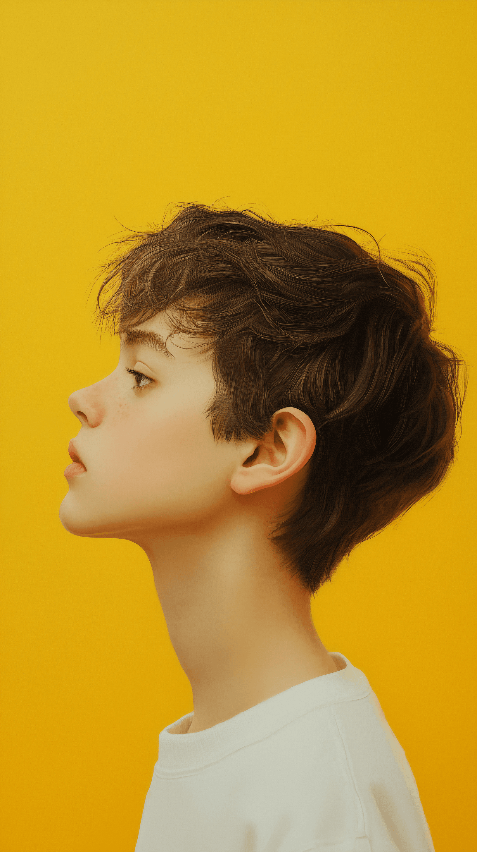 AI generated: photorealism, surreal portrait of a boy, side view, titled back against a yellow background, hair an...