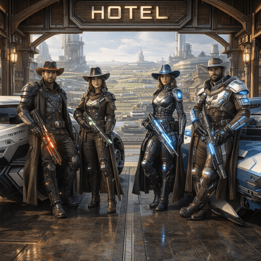 AI generated: Create an image of four futuristic, but different-looking, Human Cowboys and Cowgirls, posing comfor...