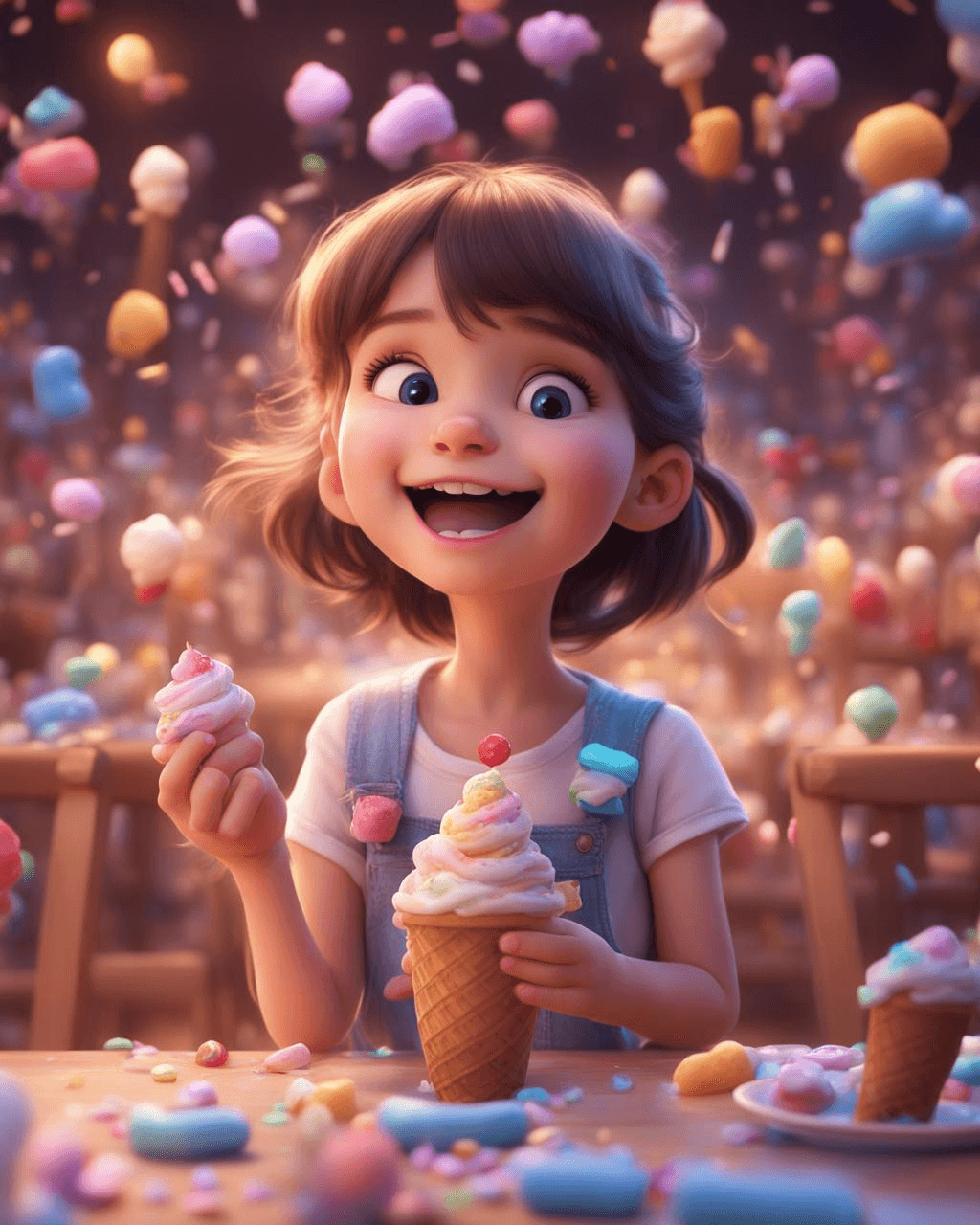 AI generated: cute, adorable, smiling girl eating ice cream, candies flying all around her, Pixar, disney, cinema ...