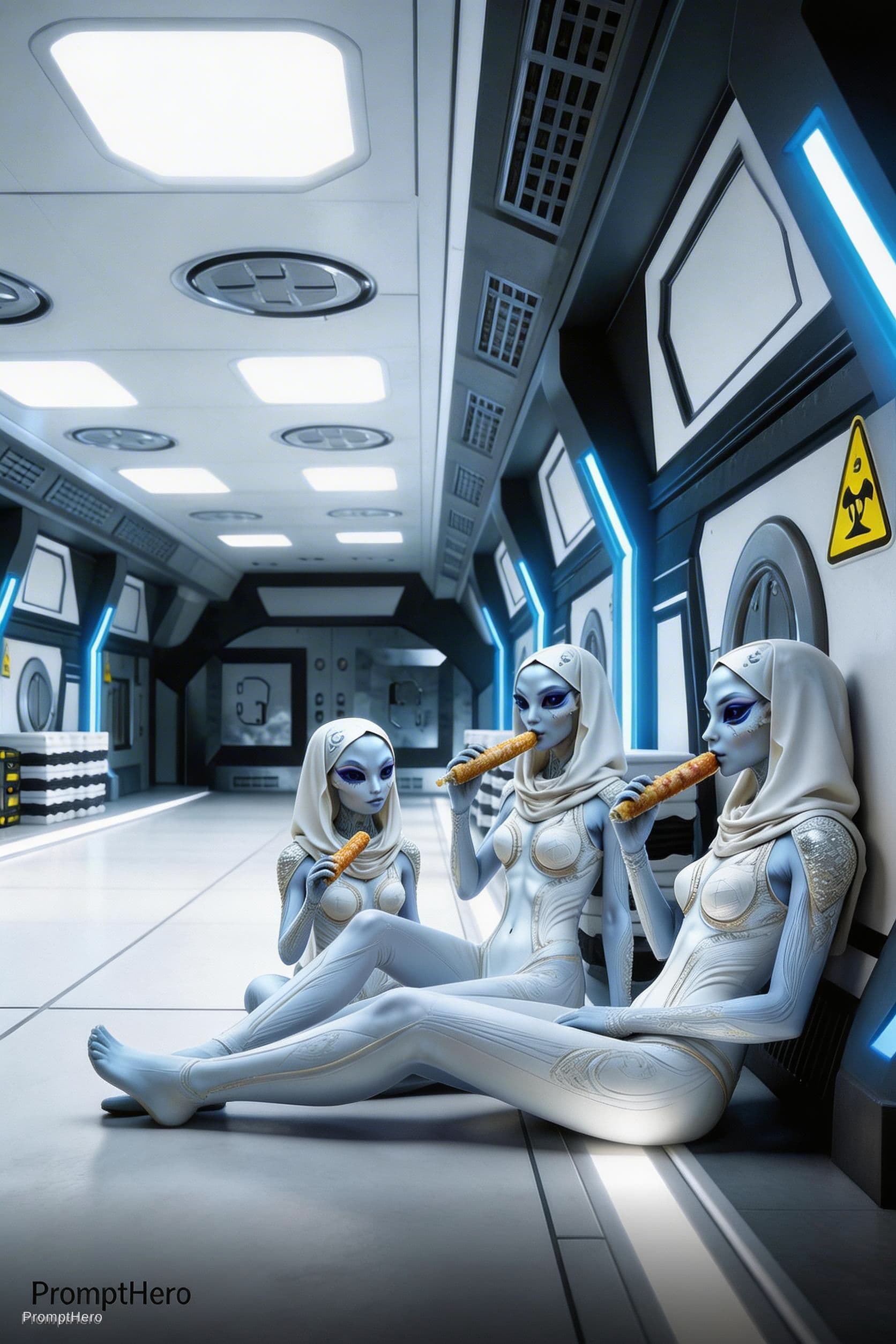 AI generated: Sci-Fi scene. Show a smaller female character, minus 15% is size of the sitting female characters, s...