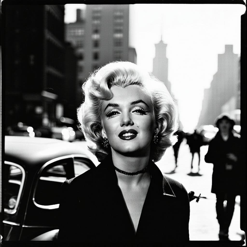 AI generated: Black and white street photography of Marilyn Monroe at New York City, shot by arriflex 35 BL Camera...